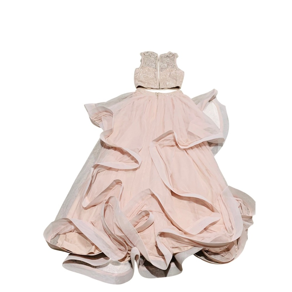 XS Blush Pink Lace Crop Top Tiered Tulle‎ Maxi Skirt Two Piece Set Formal Dress - Picture 9 of 12